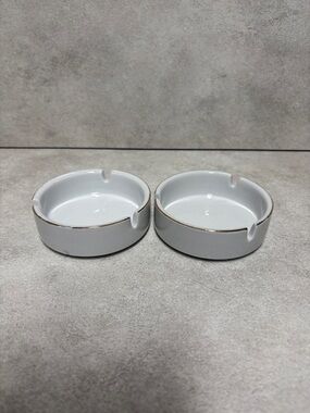White Ceramic Ashtray with Gold Rim - Set of 2